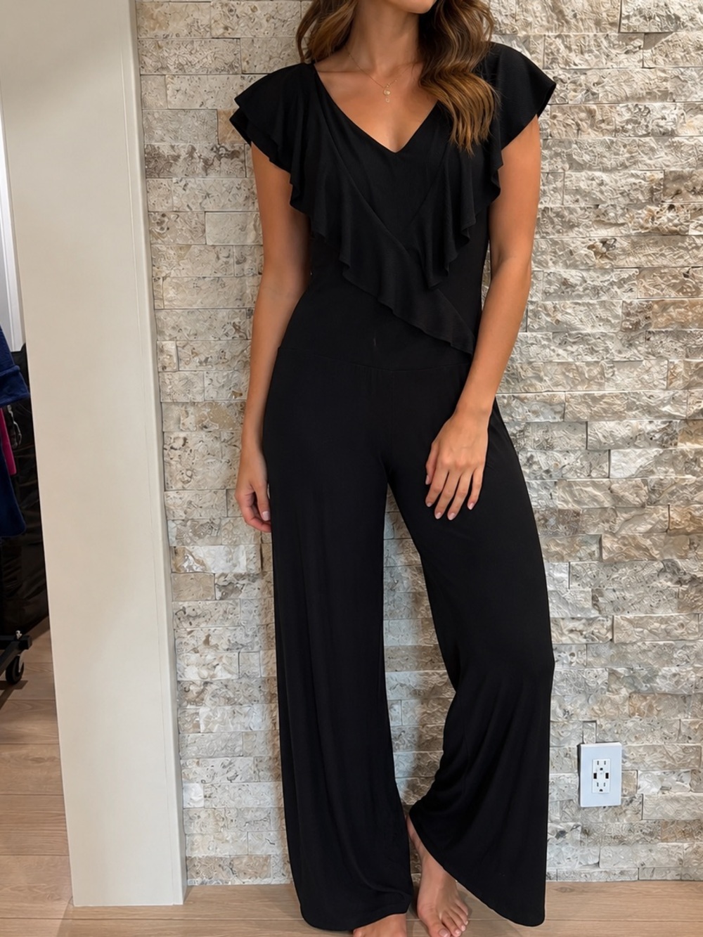 Penningtons Black Ruffle-Front Jumpsuit very stretchy, comfortable 1X